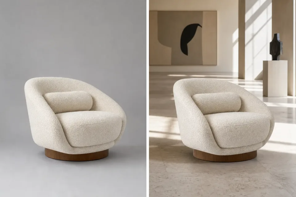 The same ceramic chair photographed before and after replacing the plain studio background with a sunlit gallery