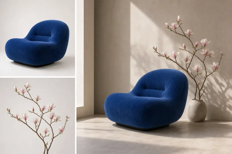 Separate chair and flowering branch source photographs combined into one editorial interior scene