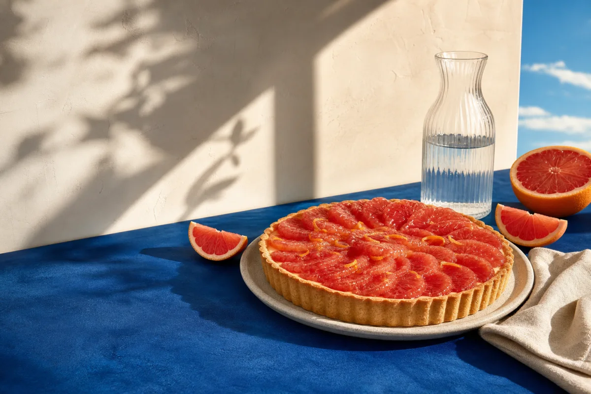 Editorial grapefruit tart campaign image on a cobalt-blue table in warm Mediterranean sunlight