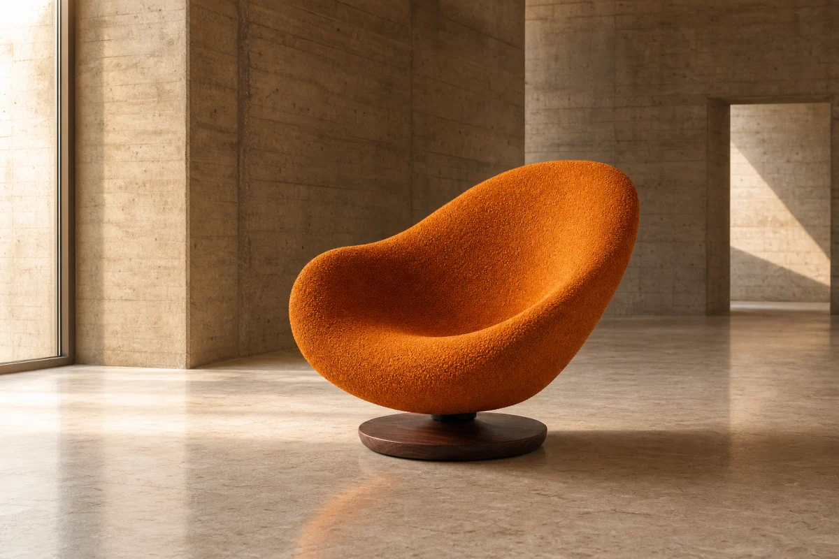 The same orange boucle chair naturally integrated into a sunlit brutalist concrete gallery