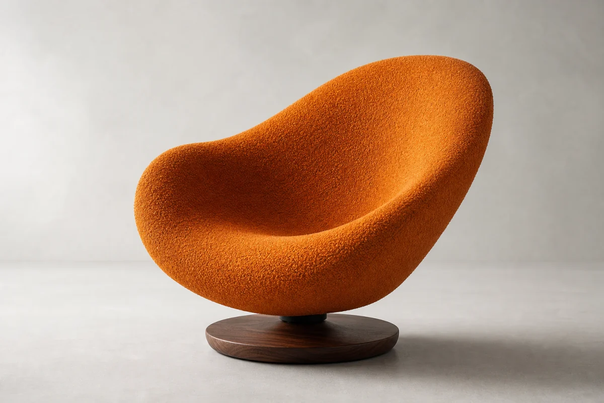 Orange boucle lounge chair photographed on a neutral studio background before editing