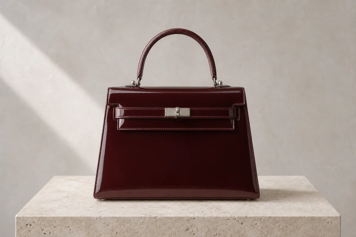 The same aligned handbag changed to deep oxblood patent leather with the setting untouched