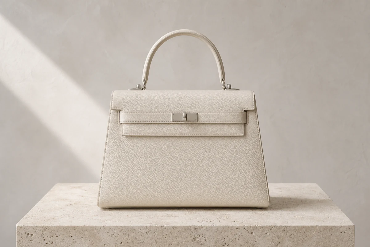 Matte ivory structured leather handbag on a travertine plinth before editing
