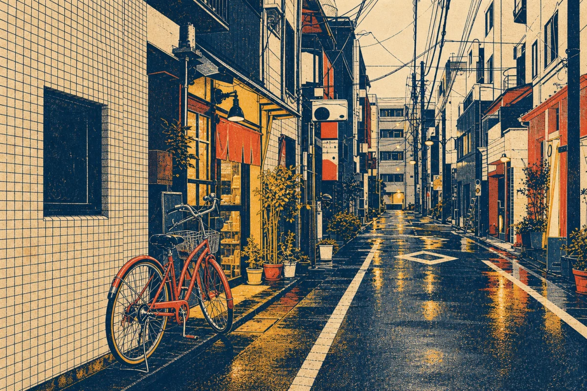 The same Tokyo alley and red bicycle transformed into a four-color risograph print
