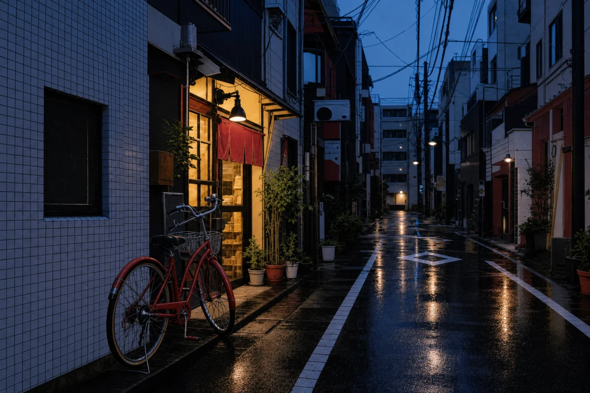Rainy Tokyo alley with a red bicycle photographed at blue hour before restyling