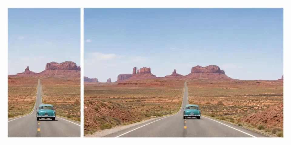 A narrow desert road photograph extended into a wide landscape without changing the original scene