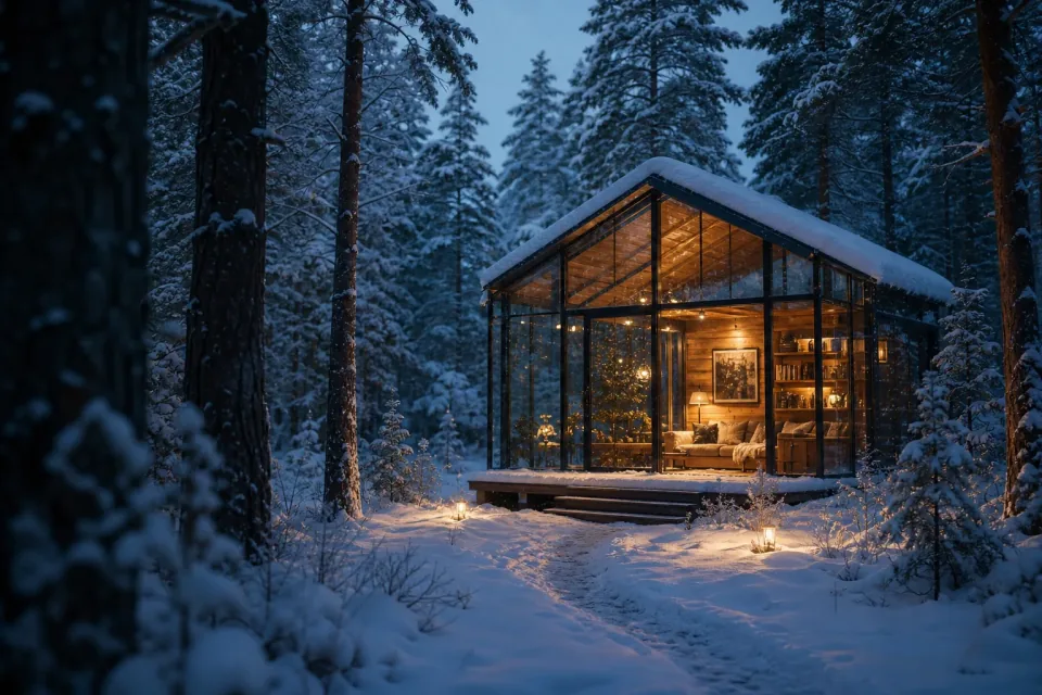 A cinematic glass cabin in a snowy forest generated from a text prompt