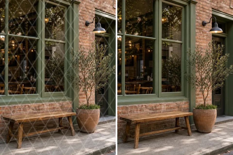 The same cafe photograph before and after removing a translucent geometric sample overlay