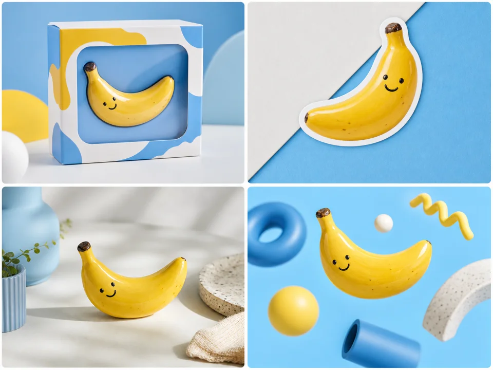 Four-panel banana product, sticker, and 3D render study illustrating fast image iteration