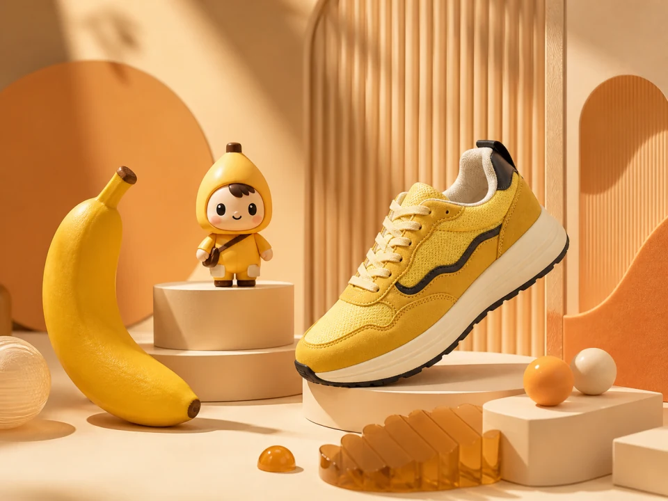 Coordinated yellow sneaker, toy character, banana, and campaign props in a modular studio scene