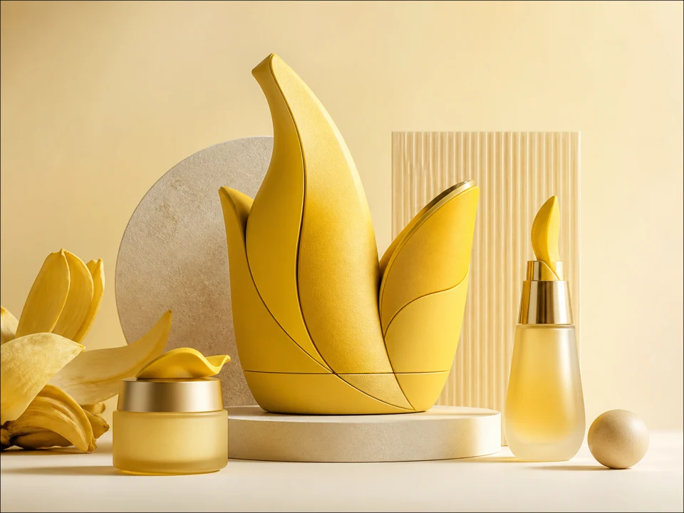 Premium yellow sculptural packaging and cosmetics arranged as a studio product campaign