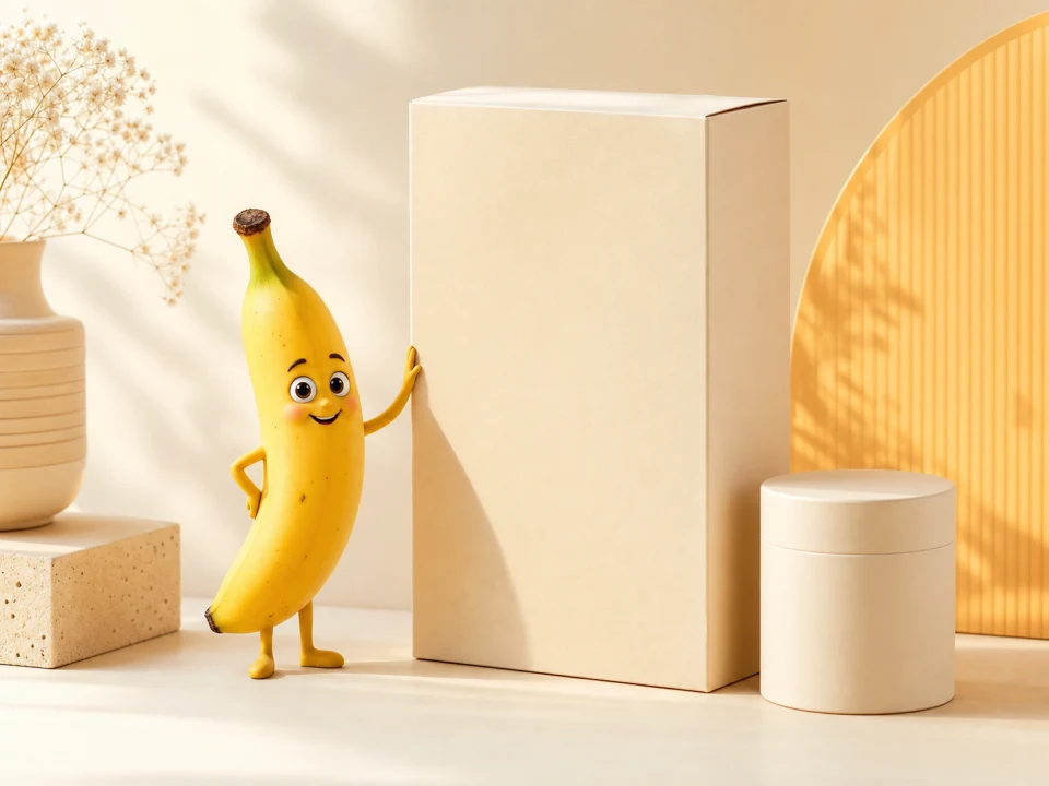 Playful banana character beside clean product packaging in a warm studio scene
