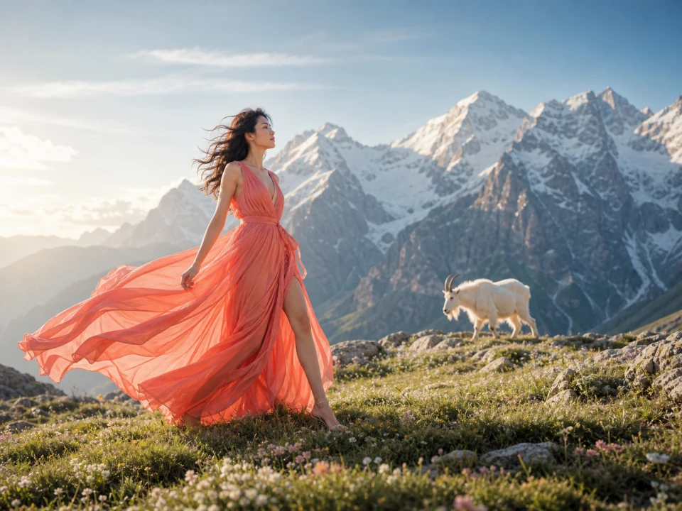 Cinematic alpine fashion scene with a coral dress, mountain light, and a white goat