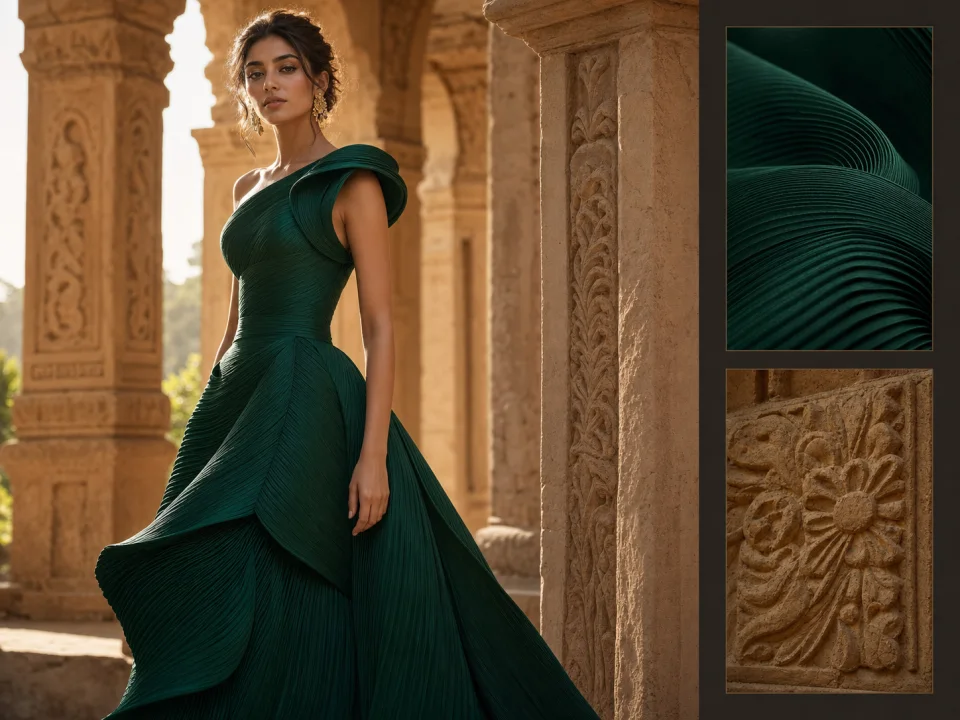 Cinematic editorial portrait in an architectural setting with material and color studies