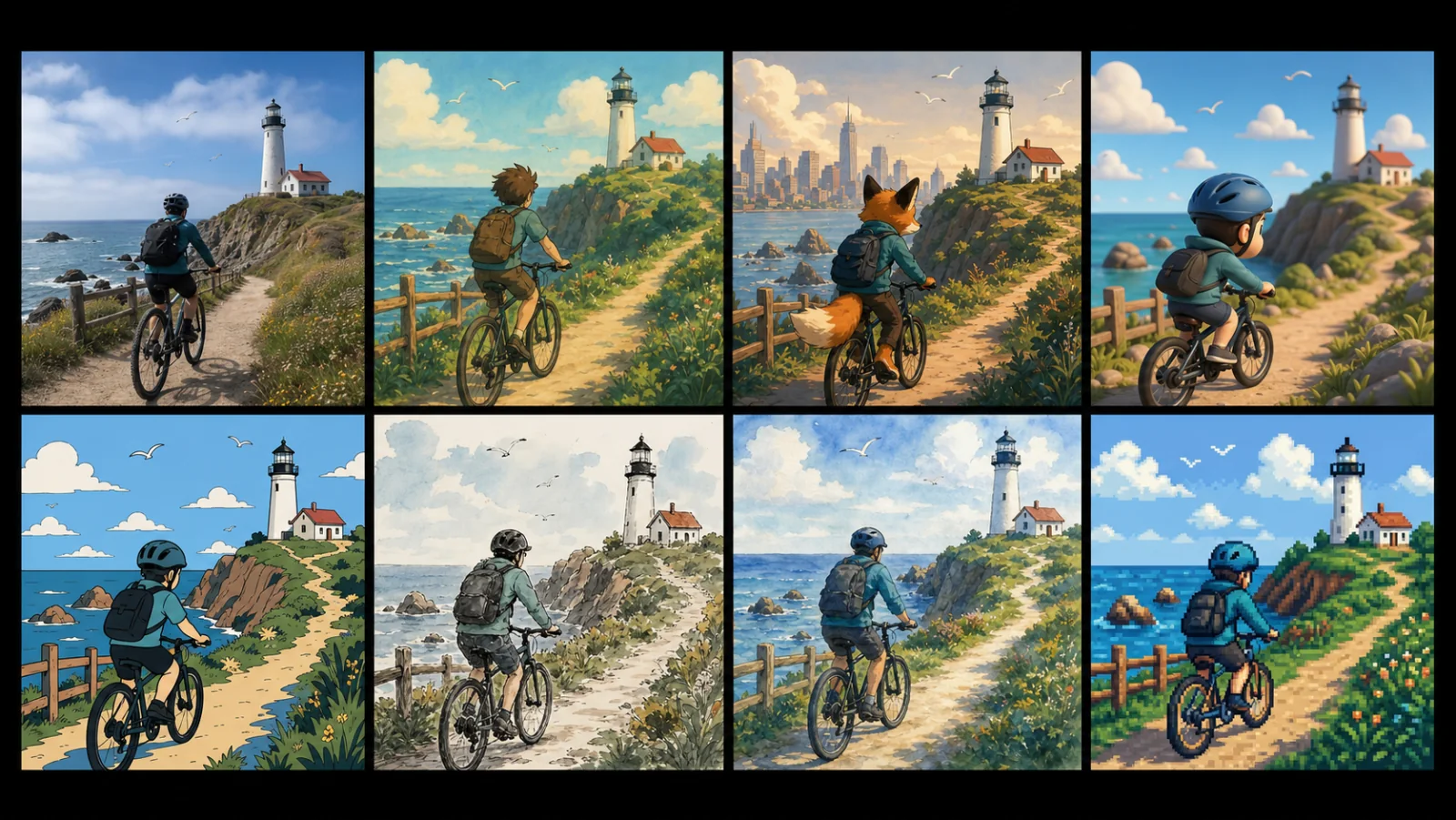 Original ink-and-wash illustration of the cyclist and lighthouse with selective detail and textured marks