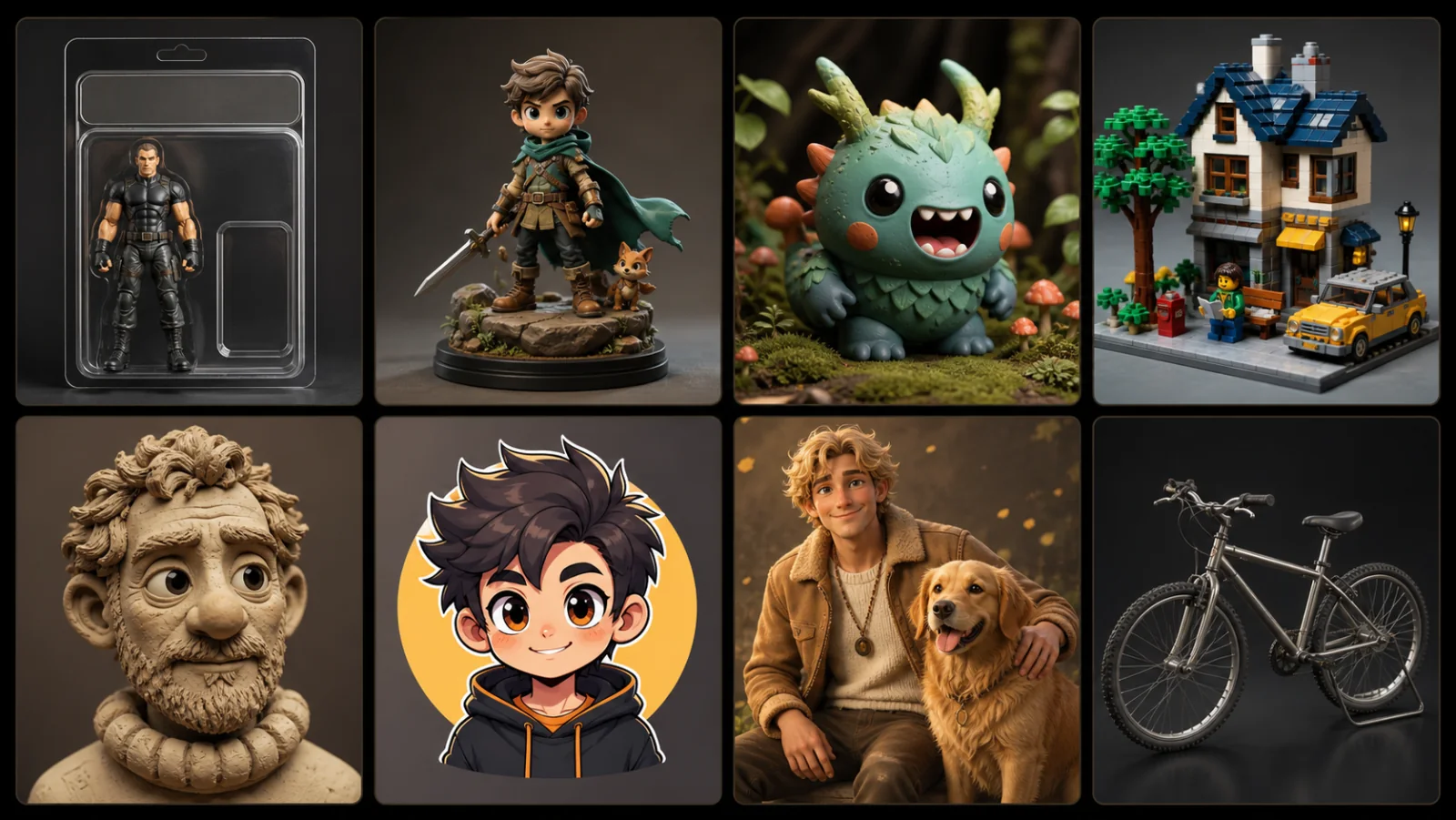 Fictional human character beside a dog, illustrating how pet colors and temperament can inspire an original human design