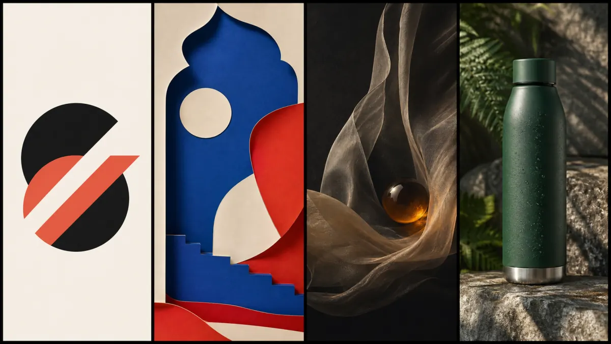 Design direction board with a geometric logo, abstract poster, album-cover still life, and outdoor product photograph
