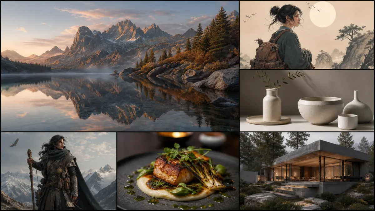Image generation direction board with a mountain lake, an illustrated traveler, ceramic products, a fantasy character, plated food, and modern architecture