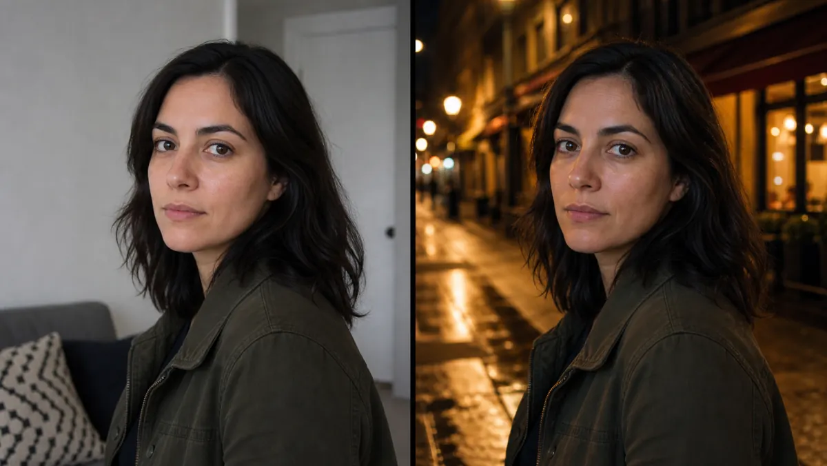 Portrait editing demonstration with the same woman moved from a home interior to a wet city street at night