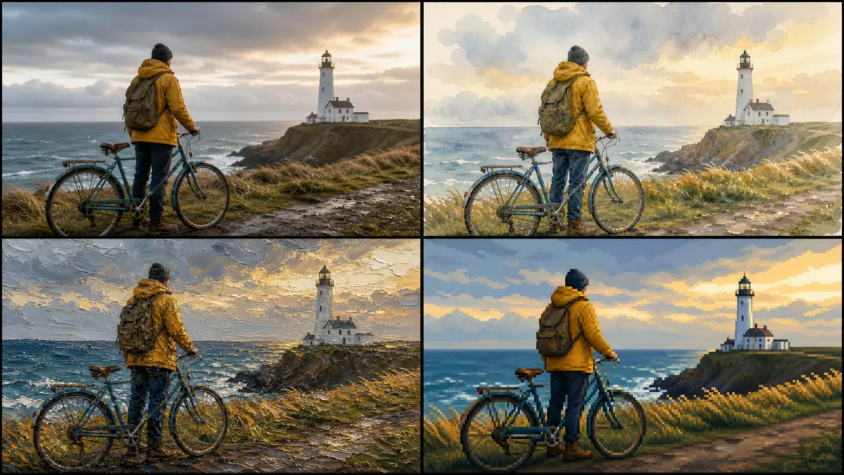 Photo style comparison with an original coastal bicycle scene and watercolor, oil-painting, and pixel-art interpretations